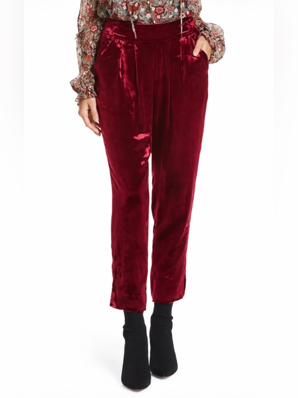 Ramy Brook Silk Viscose Clarke Women’s Red Velvet Elastic Waist Pants Pockets XS